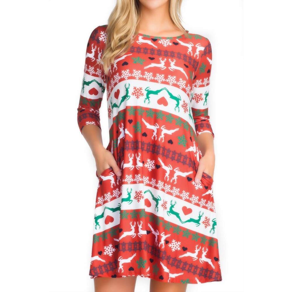 3262 Plus Size Christmas Dresses with Pockets 3/4 Sleeves Swing Holiday